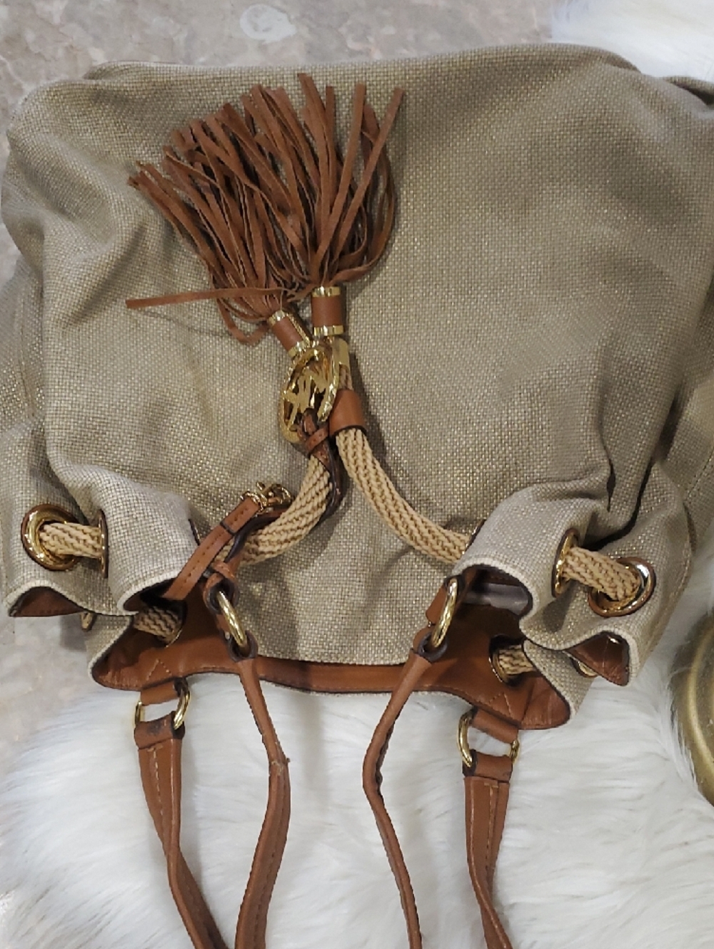Michael Kors Tan Canvas Drawstring Shoulder Bag with Brown Leather Trim - Picture 16 of 17